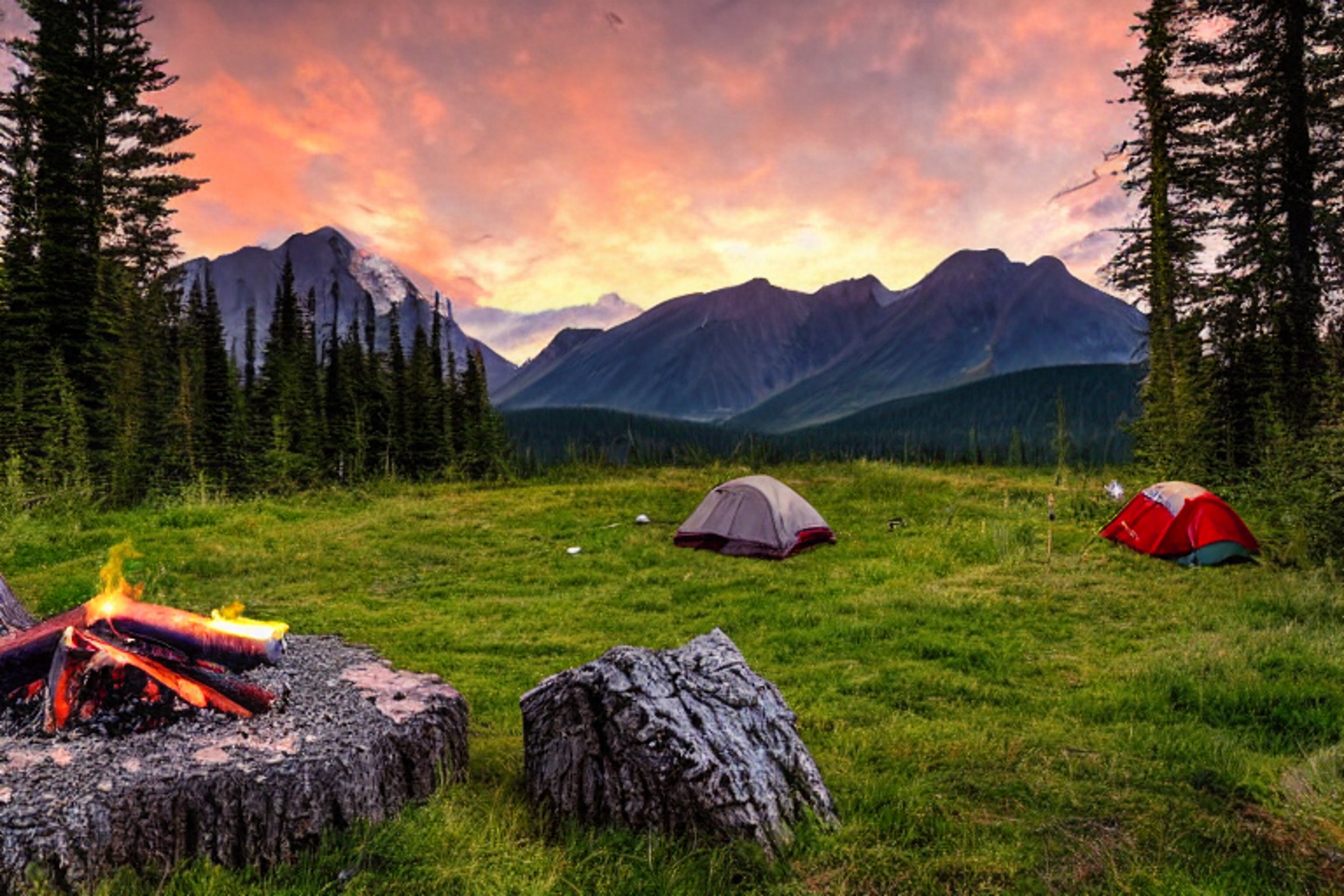 A green tent rests in an Alaskan wilderness camp beneath a misty mountain. A warm campfire glows between stone rings, with chairs nearby on the gravel ground. Rainy sunset light colors the open sky.