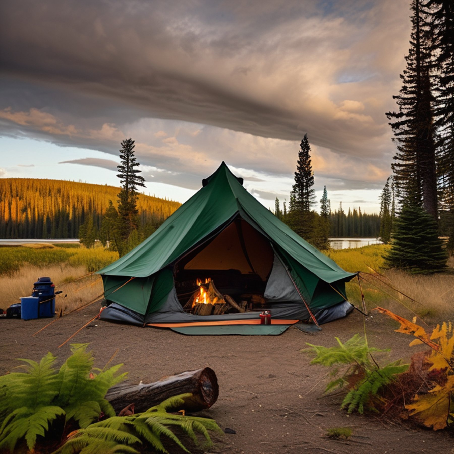 A forest-green tent rests beside a warm campfire in a quiet Montana forest. Ferns cover the ground, while colorful fall trees surround the dirt campsite under a cloudy night sky.