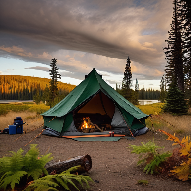 A forest-green tent rests beside a warm campfire in a quiet Montana forest. Ferns cover the ground, while colorful fall trees surround the dirt campsite under a cloudy night sky.