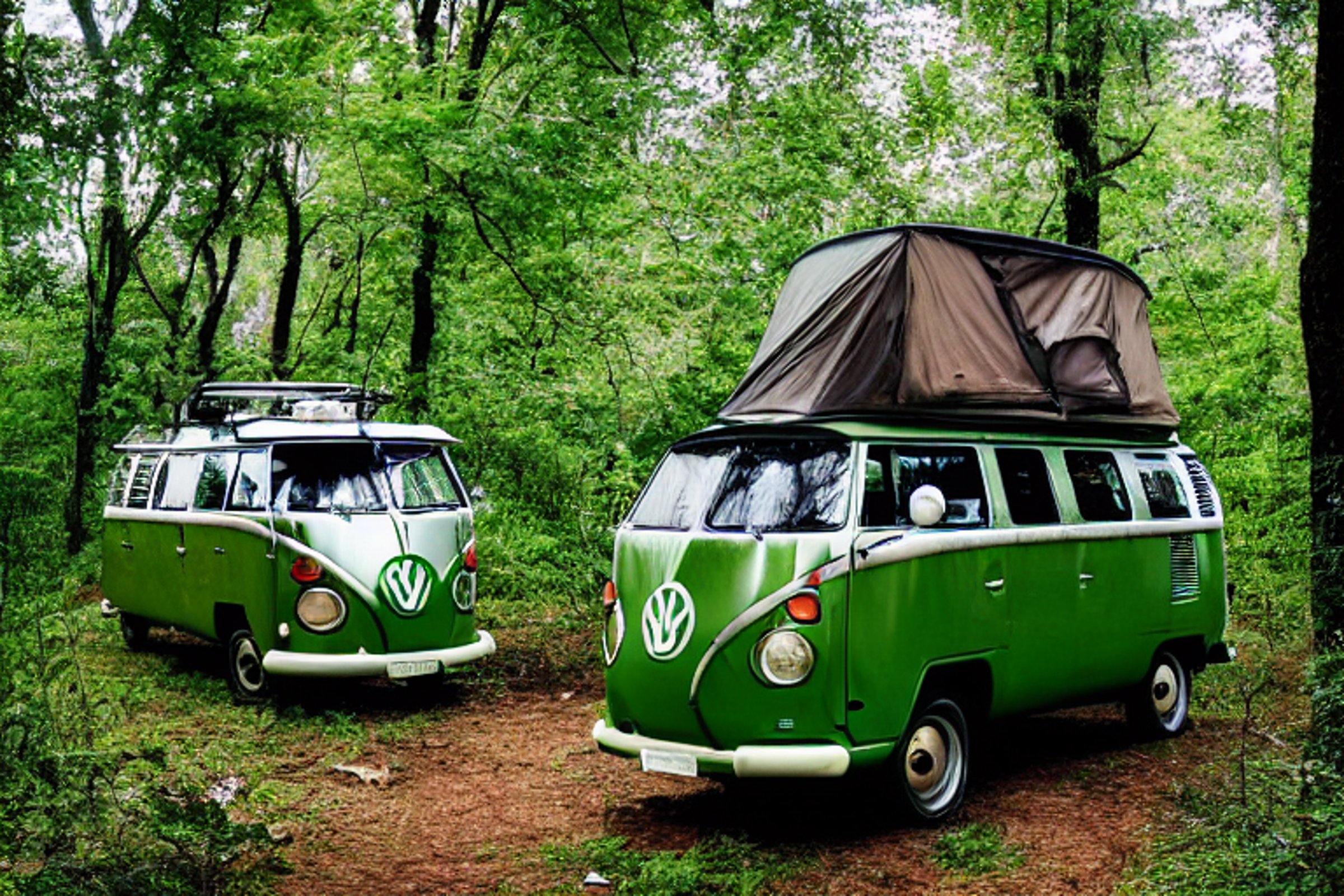A green campervan rests in a leafy forest campsite as the sun sets. A warm campfire glows beside camping chairs and a box of gear. The cloudy sky and earthy ground create a cozy, peaceful mood.
