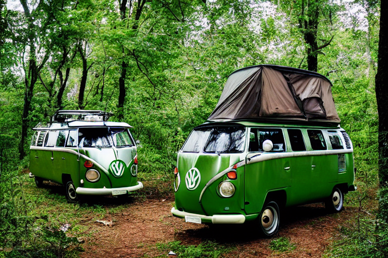 A green campervan rests in a leafy forest campsite as the sun sets. A warm campfire glows beside camping chairs and a box of gear. The cloudy sky and earthy ground create a cozy, peaceful mood.