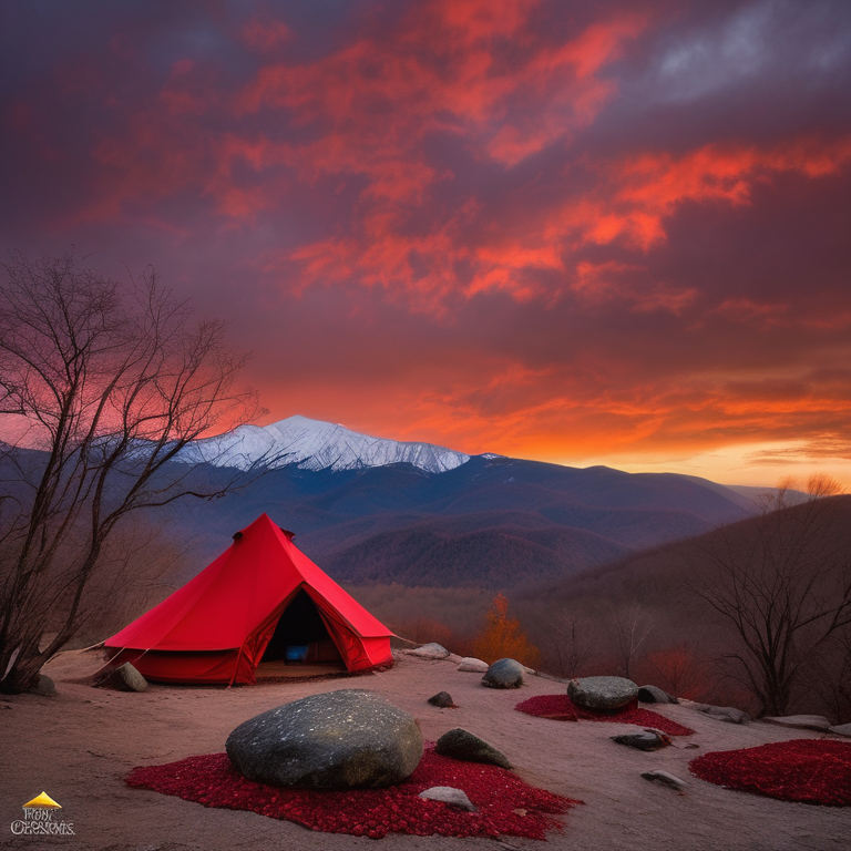 A bright red tent rests on a quiet dirt campsite in the Smoky Mountains. Snow falls around smooth boulders and a berry-covered bush, while fallen leaves cover the ground. A tall mountain glows softly in the sunset.