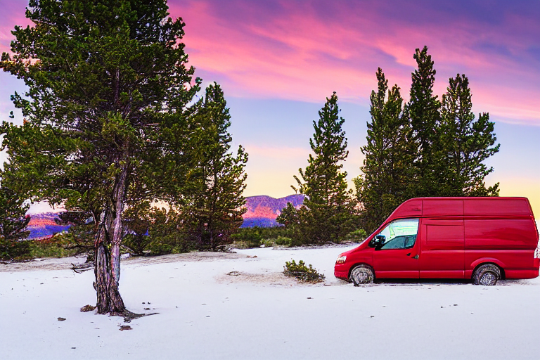 A red and white camper van rests beside a warm campfire as the sun sets over the snowy sand dunes. Small trees, a picnic table, and a hammock create a cozy spot along the dirt path.