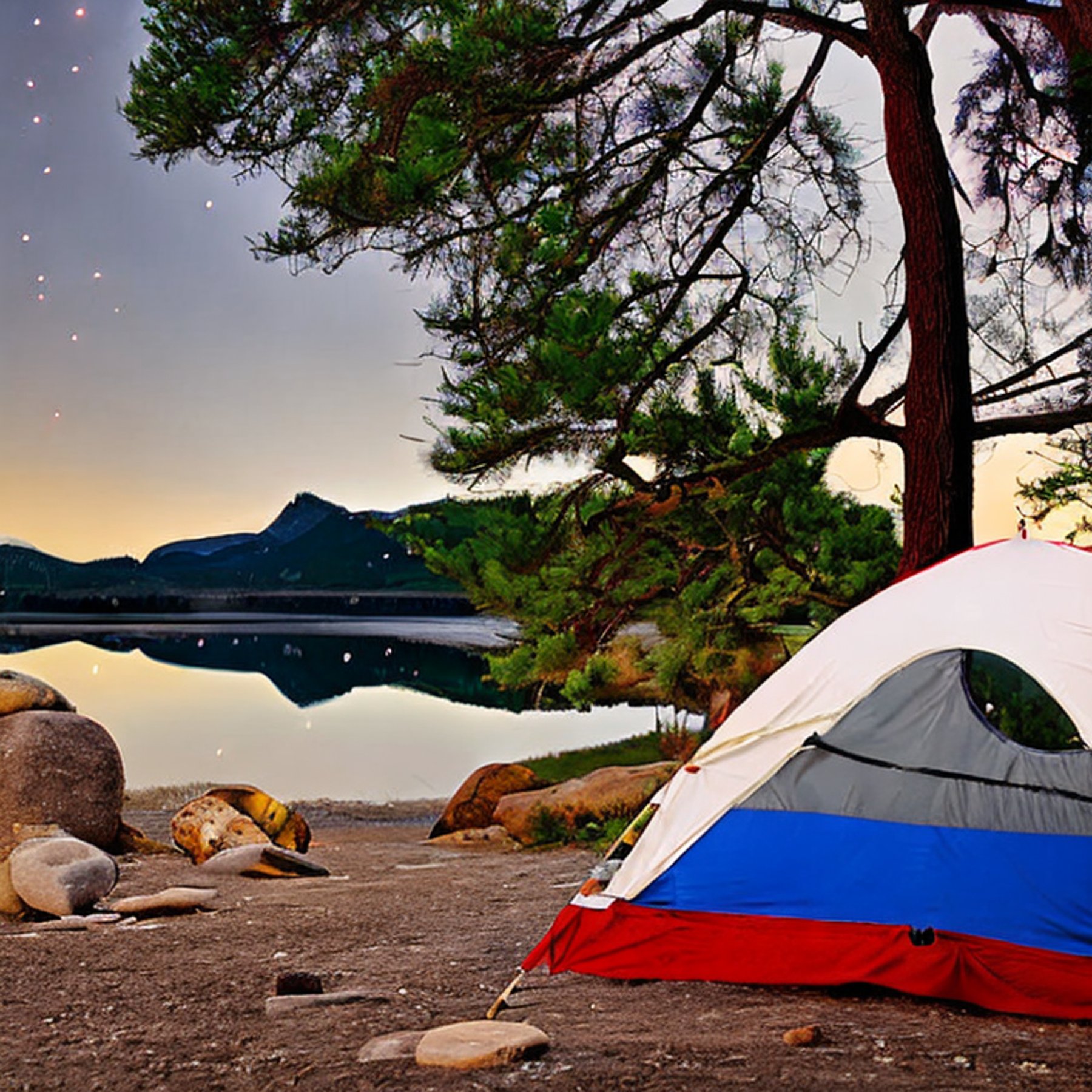 A red and white tent rests beside a lake under a sky full of stars. Boulders and rocky ground surround the campsite, with a hammock hanging between trees. A mountain rises in the cloudy distance, creating a peaceful nighttime escape.