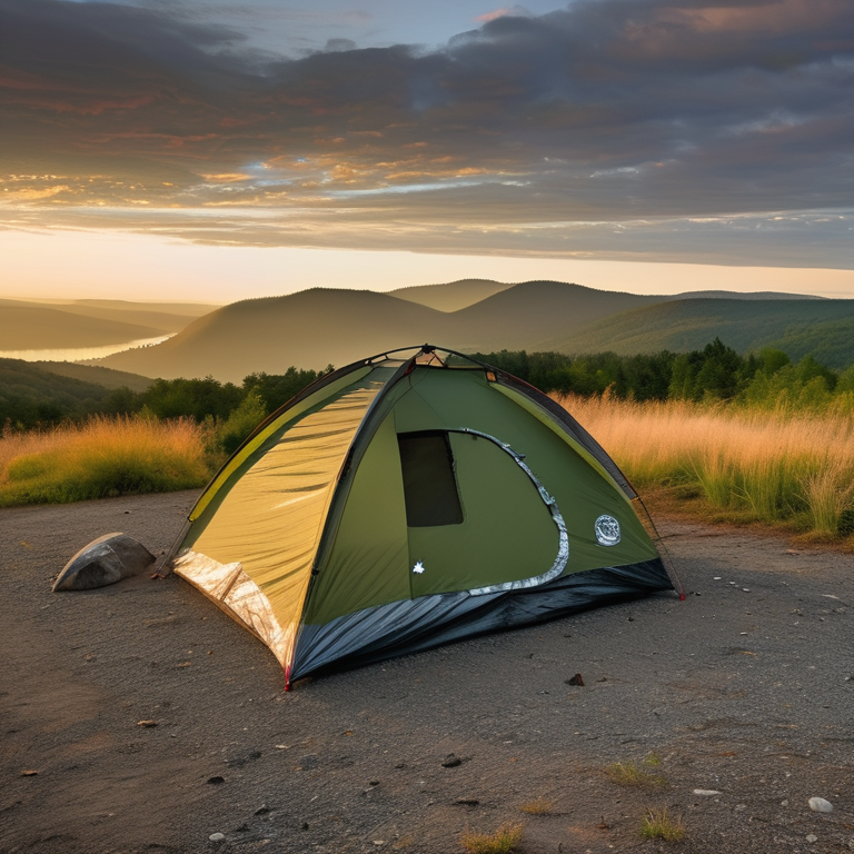 A green camo tent rests on a small dirt patch at a quiet campsite. Fog drifts around the stones and picnic table as the sun sets behind distant mountains. A pale moon hangs in the soft evening sky.