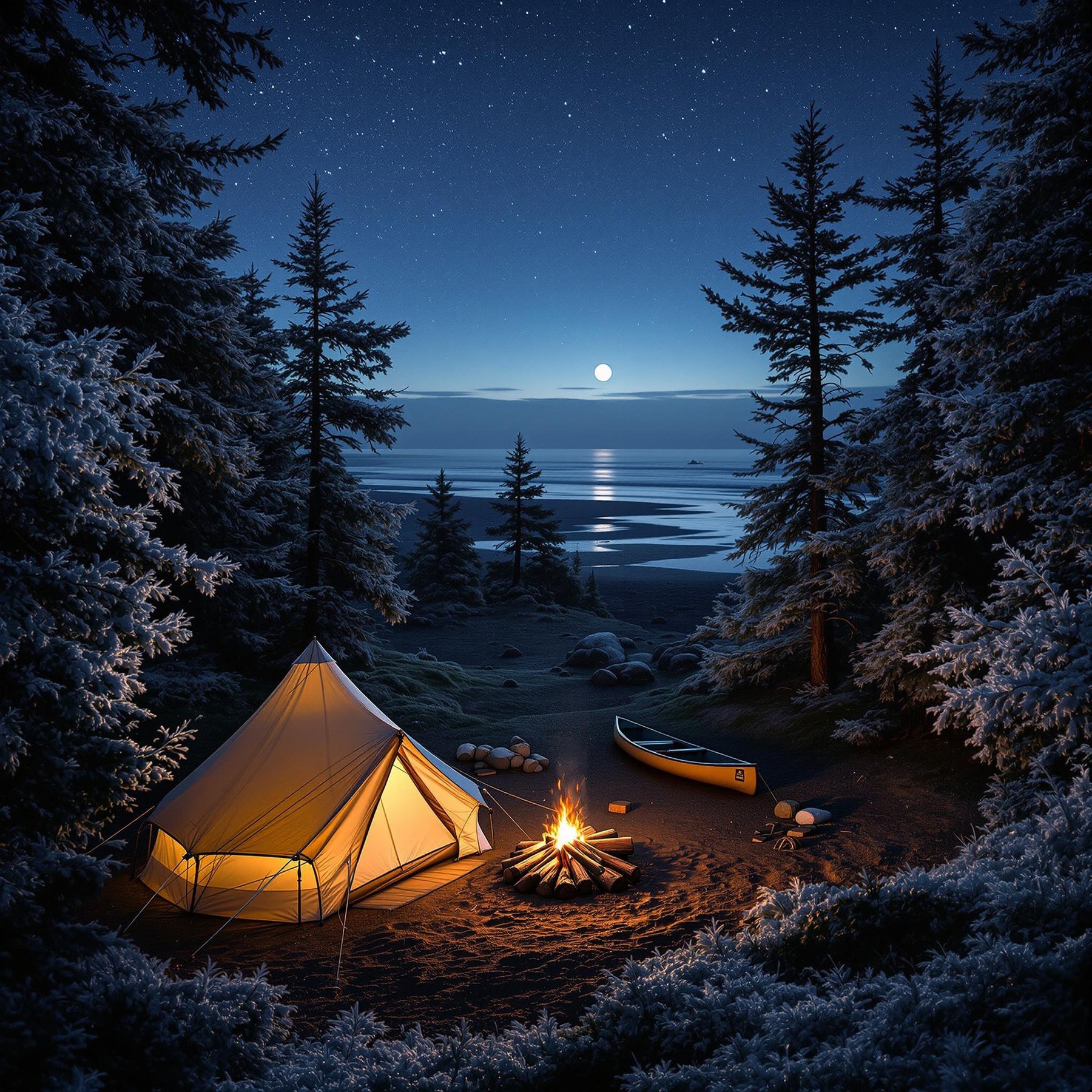 A cozy beige tent rests on Cannon Beach beneath a sky full of shooting stars. A warm campfire glows beside the logs, while a canoe sits near the shore. Frosty trees frame the campsite, and the moon shines in the distance.