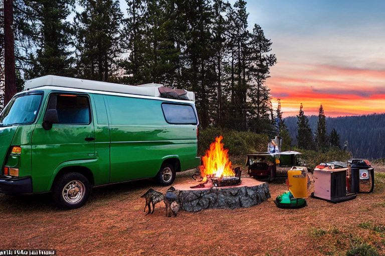 Three green camper vans sit by a warm campfire on the California coast. A deer stands nearby as the sun sets over the clear, peaceful landscape. Camping gear, a stove, and a car make the campsite feel ready for adventure.