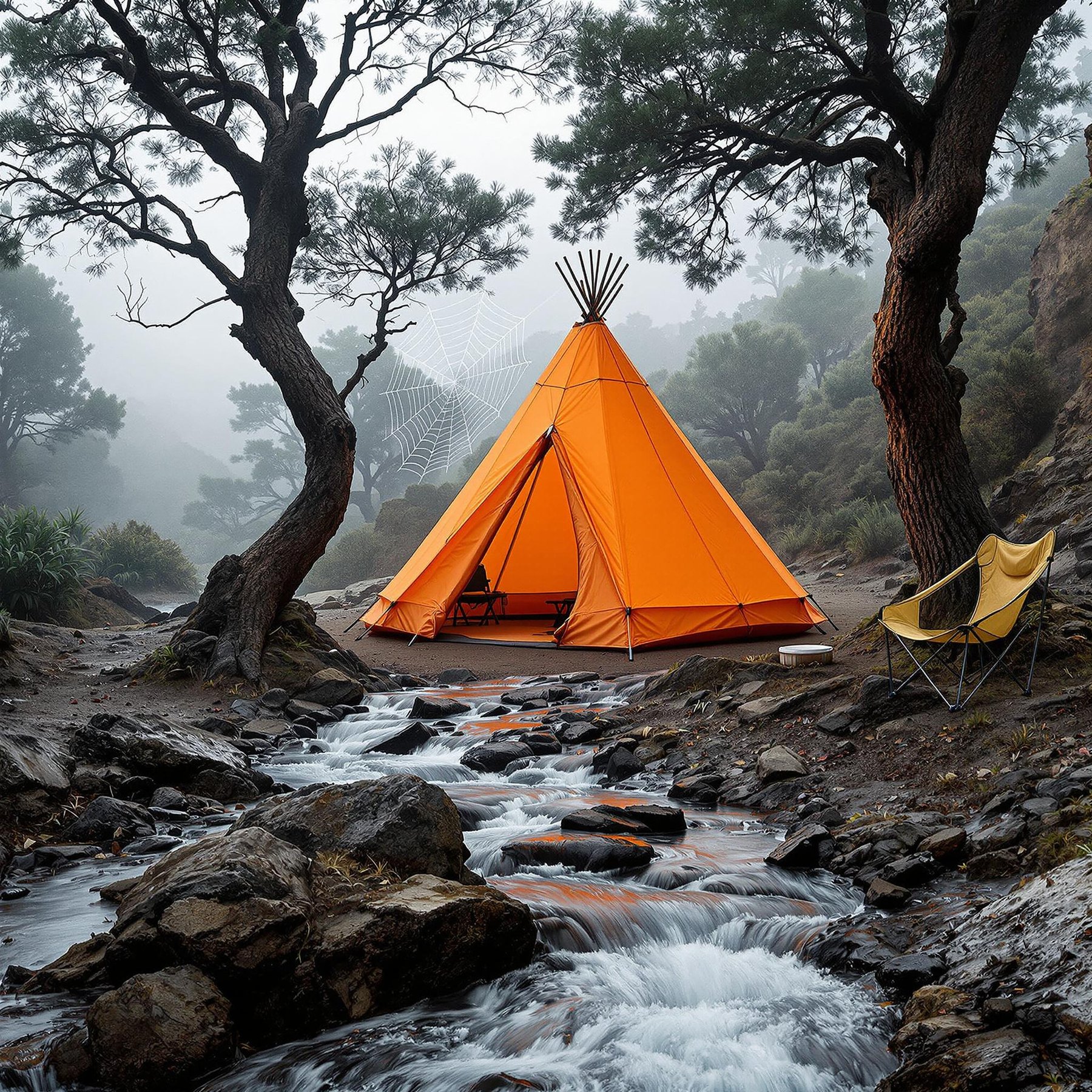 A bright orange tent sits by a bubbling stream in a misty, forested valley. Tall trees surround the campsite, and a giant spider web stretches between two of them. The air feels fresh and full of adventure.