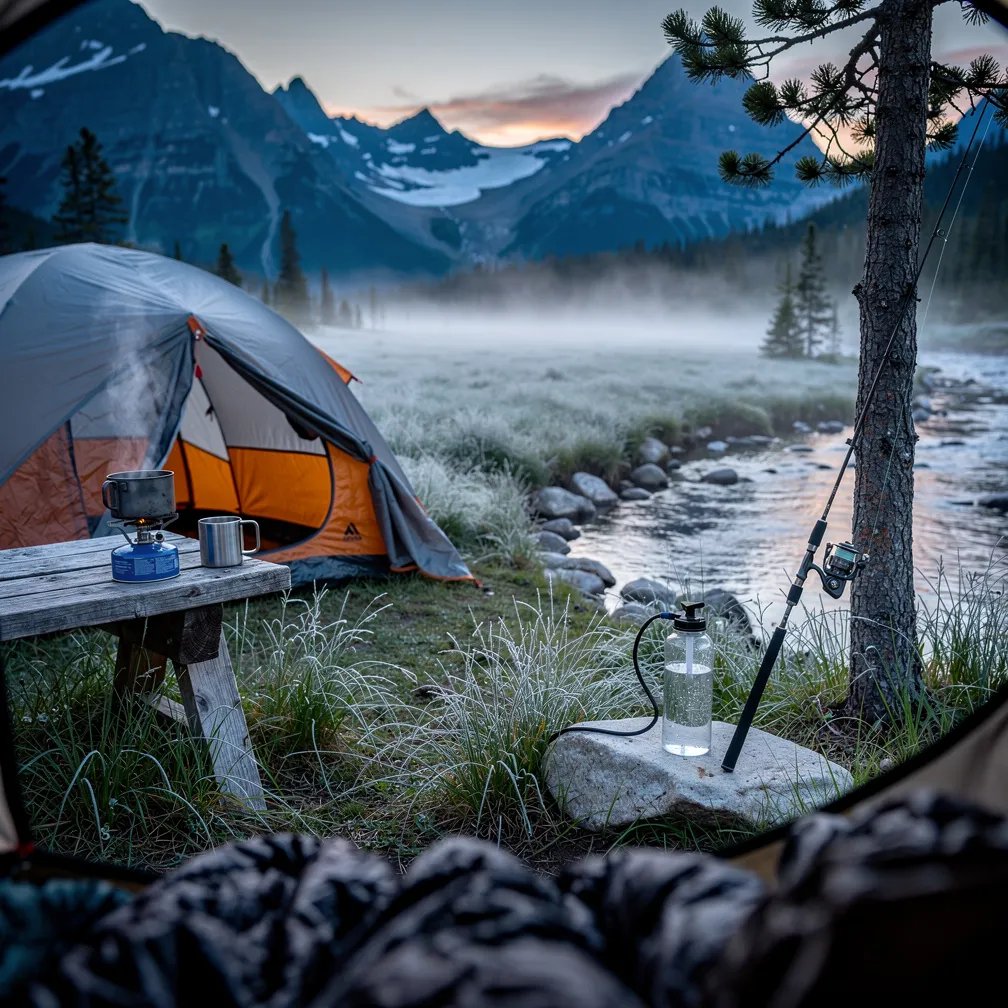 A quiet alpine meadow stretches out in the blue early morning light, with mist floating over a cold, slow stream. A gray-and-orange tent sits nearby with its door open, and a fishing rod leans against a pine tree. A small stove and mug rest on a worn picnic table, while a water bottle and filter sit on a rock by the water. The horizon glows softly as the wet grass sparkles.