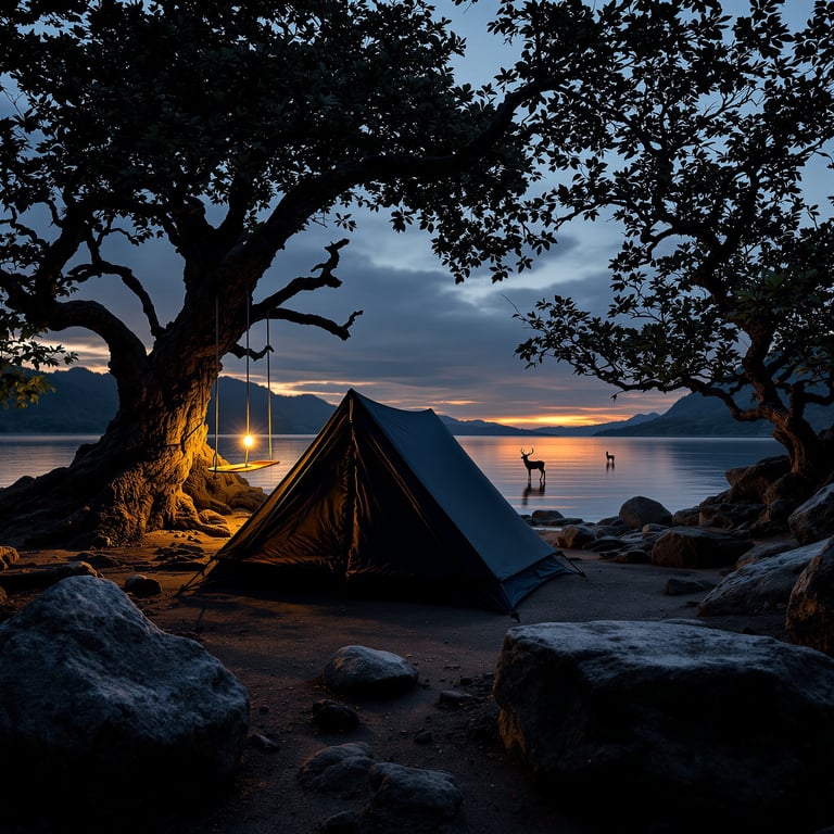 A cozy tent sits under big trees by a peaceful lake at sunset. A glowing lantern hangs from a swing, lighting up the campsite. You can spot deer standing in the calm water as the sky turns orange and blue.
