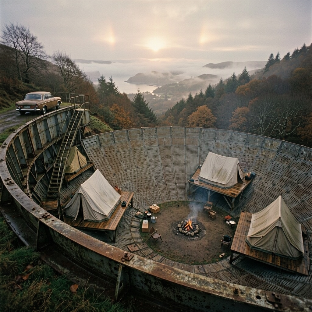 From above, tents and a fire fill a huge metal dish. Fog hangs over the wooded valley, and an old car sits by the rim.