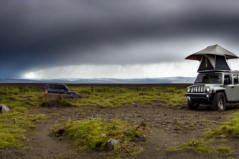 A rugged Jeep with an open, glowing rooftop tent rests on a dirt campsite in Iceland. A warm campfire flickers among small trees, while dark storm clouds gather over the mountain beyond.