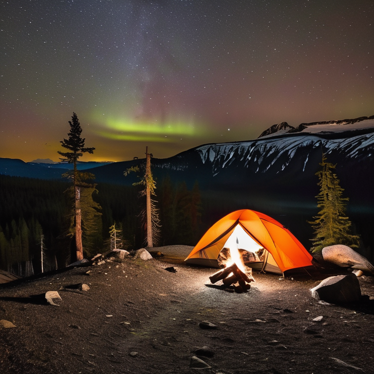 A gray and orange tent rests on a quiet dirt campsite beneath bright green auroras. A warm campfire glows beside the tent, while rain, stones, and a large rock add to the wild setting. A distant camper shines a flashlight through the misty night.