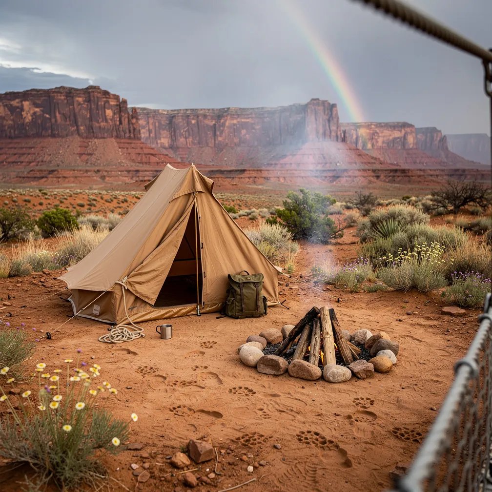 A tan canvas tent sits on sandy desert ground, with tiny tracks and hardy shrubs all around. A small campfire rests in a stone ring, sending a thin curl of smoke into the cool, quiet air. Far away, tall red buttes rise under cloudy skies, and a soft rainbow glows near the horizon.