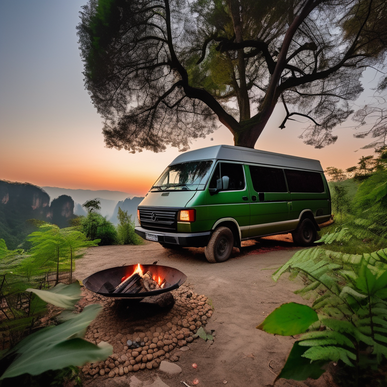 A green camo van rests in a quiet campsite surrounded by ferns, stones, and berry bushes. A warm campfire glows as the sun sets, while a deer stands in the distance beneath the clear sky.