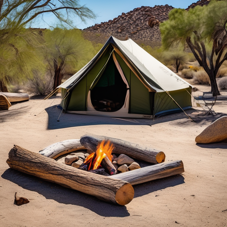 A forest-green tent rests on a sandy clearing in Joshua Tree National Park. Nearby, a stone-ringed campfire and logs invite a cozy break. Berry bushes, large rock slabs, and a clear blue sky create a peaceful desert setting.