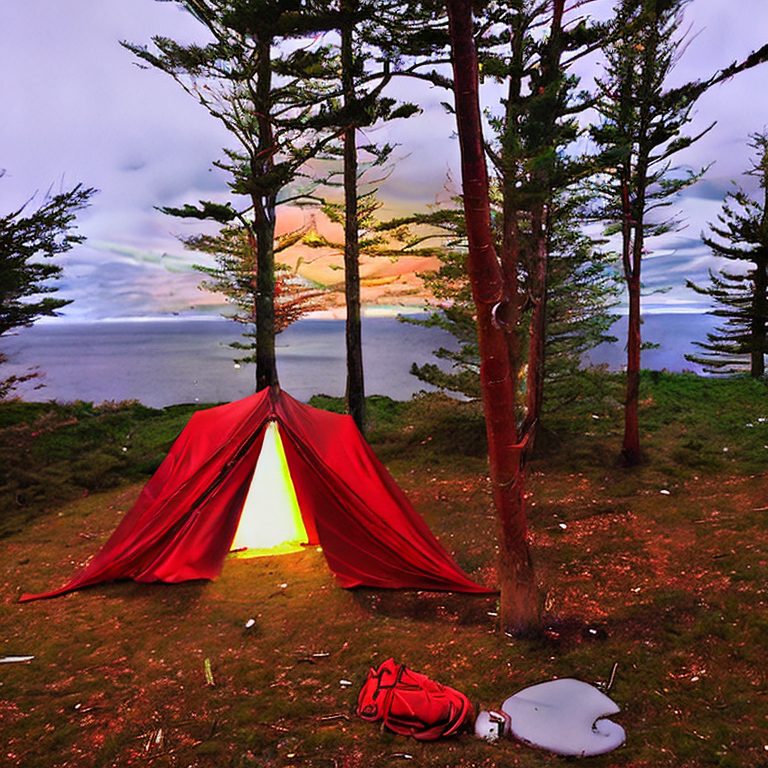 A bright red tent rests on a quiet dirt campsite by the Maine coast. Colorful fall trees glow under the snowy night sky, where green auroras dance overhead. Hikers, surfers, and a clothesline bring the lively campsite to life.