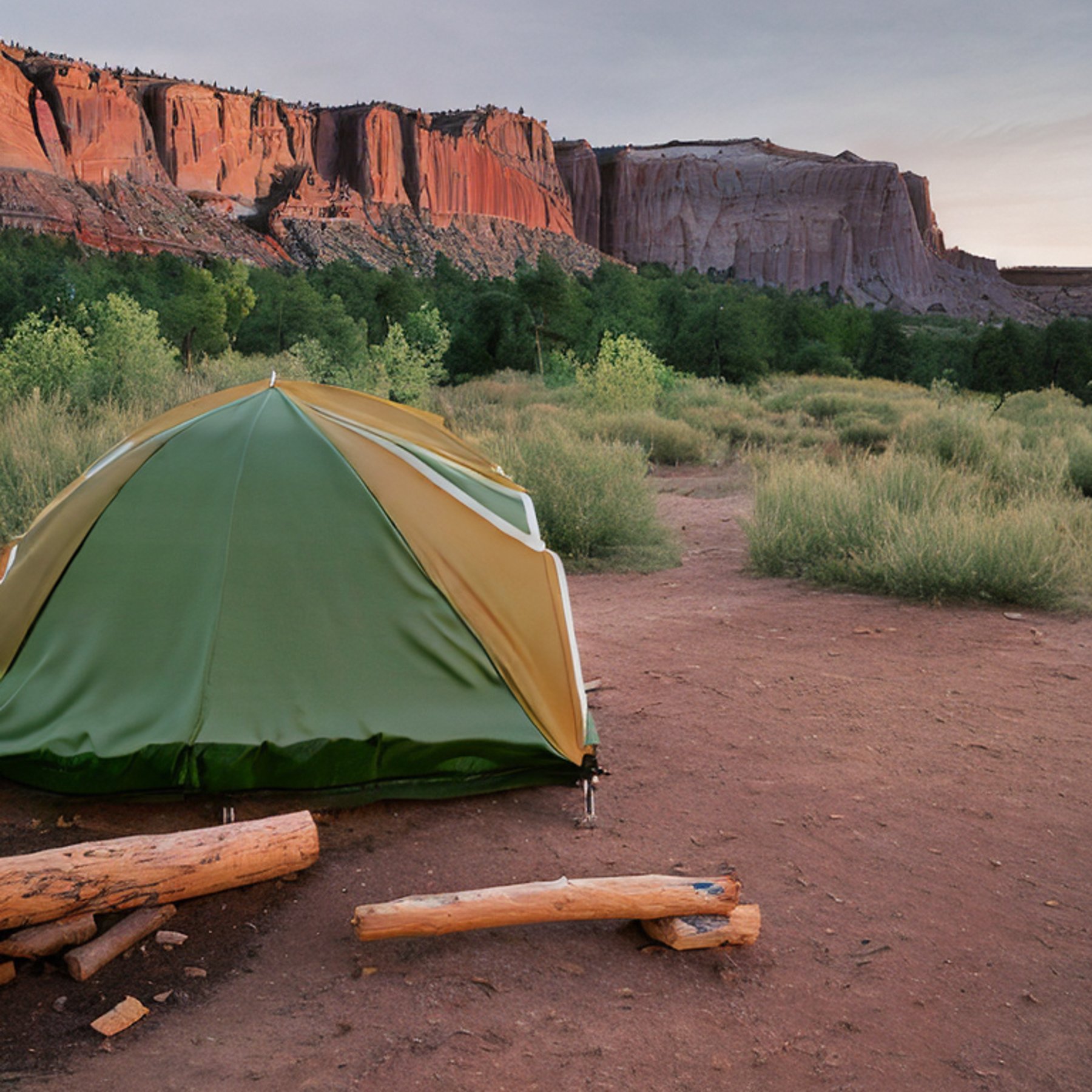 A green tent rests in a quiet forest campsite beneath rolling hills. A warm campfire glows on the dirt, with a wooden guitar lying nearby. A winding hiking path leads through the misty, rainy landscape as golden light filters through the trees.