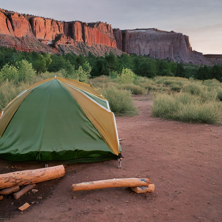 A green tent rests in a quiet forest campsite beneath rolling hills. A warm campfire glows on the dirt, with a wooden guitar lying nearby. A winding hiking path leads through the misty, rainy landscape as golden light filters through the trees.