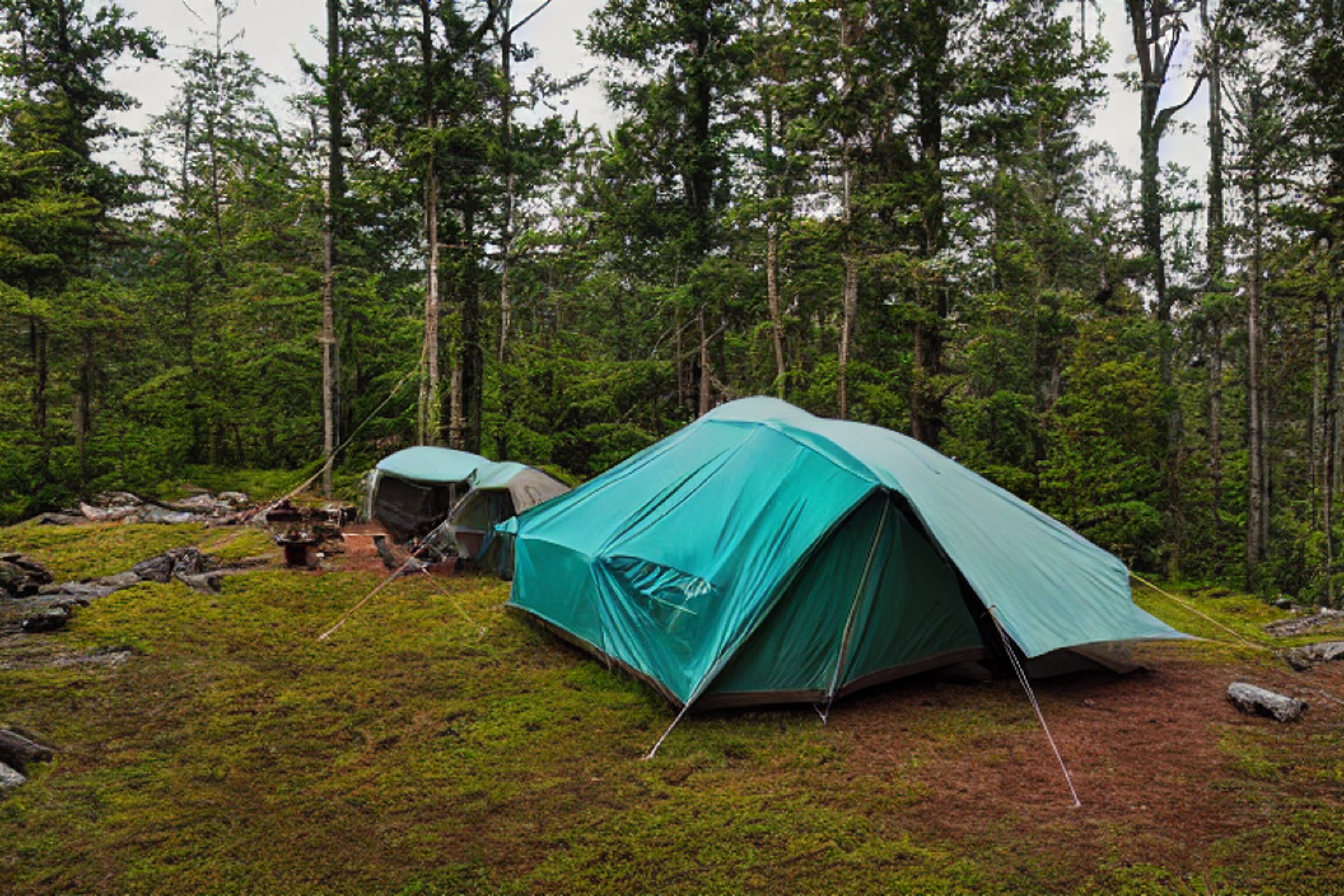 A teal tent rests on a dirt campsite in the rugged Smoky Mountains. Hikers gather near a warm campfire beside a large log as dusk settles under a clear sky.