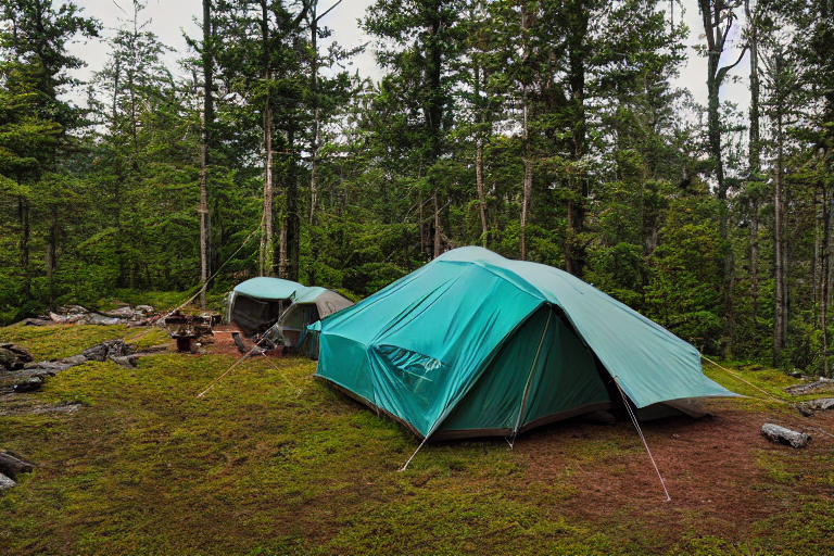 A teal tent rests on a dirt campsite in the rugged Smoky Mountains. Hikers gather near a warm campfire beside a large log as dusk settles under a clear sky.