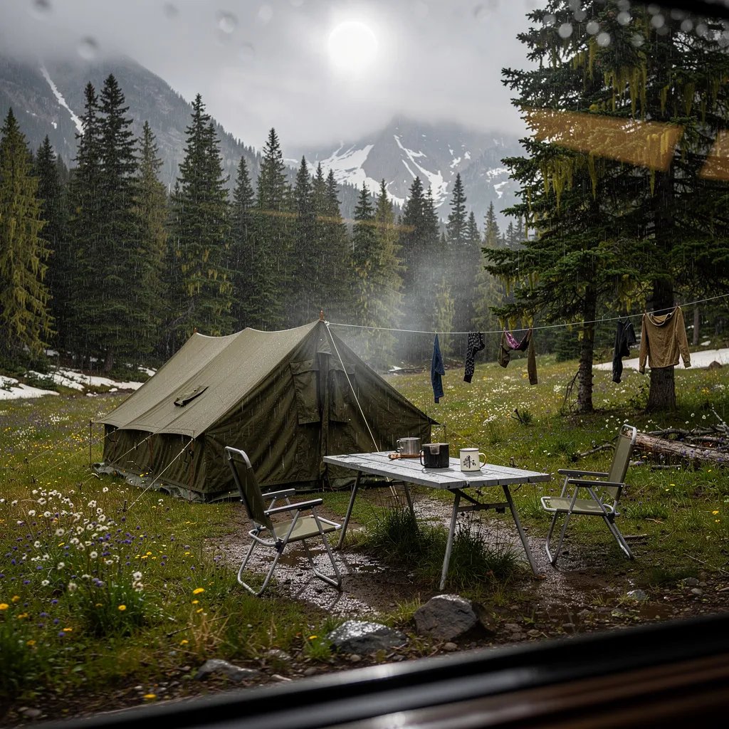 A quiet mountain meadow sits beside a dark spruce forest, with bright wildflowers on wet ground after a cold rain. An old olive canvas tent stands near a worn picnic table and two camp chairs, while damp clothes sway on a line in the chilly breeze. The sky looks oddly dim, and misty rain and sleet sparkle in the cool light.