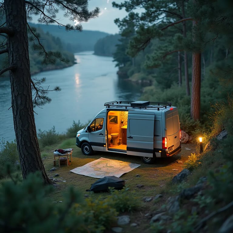 A cozy camper van rests beside a winding river, surrounded by thick green bushes. A map and compass sit nearby, with an outdoor shower and hanging food container tucked among the trees. Breezy skies and distant lightning add a wild spark to the peaceful campsite.