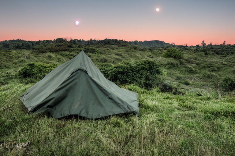 A green camo tent rests on a dirt campsite beside a warm hot spring. Tall grass and rocky patches surround the camp, while rolling hills fade beneath a stormy dusk sky and rising moon.