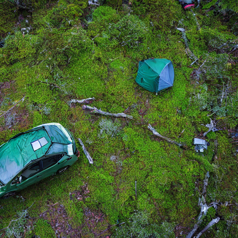 A green Subaru with its rooftop tent open rests in a quiet, snowy campsite in Miyajima, Japan. Mossy trees surround the dirt clearing, while camping chairs sit beneath a bright, star-filled sky.