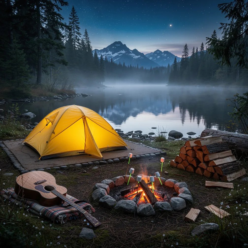 A bright yellow tent sits in a quiet clearing by a glassy alpine lake, wrapped in cool blue dawn mist. Warm firelight flickers on wet rocks as marshmallows toast and a neat pile of firewood waits nearby. A wooden guitar rests on a blanket, and the lake mirrors the stars like a giant, still mirror. Raindrops on the window frame the peaceful scene.