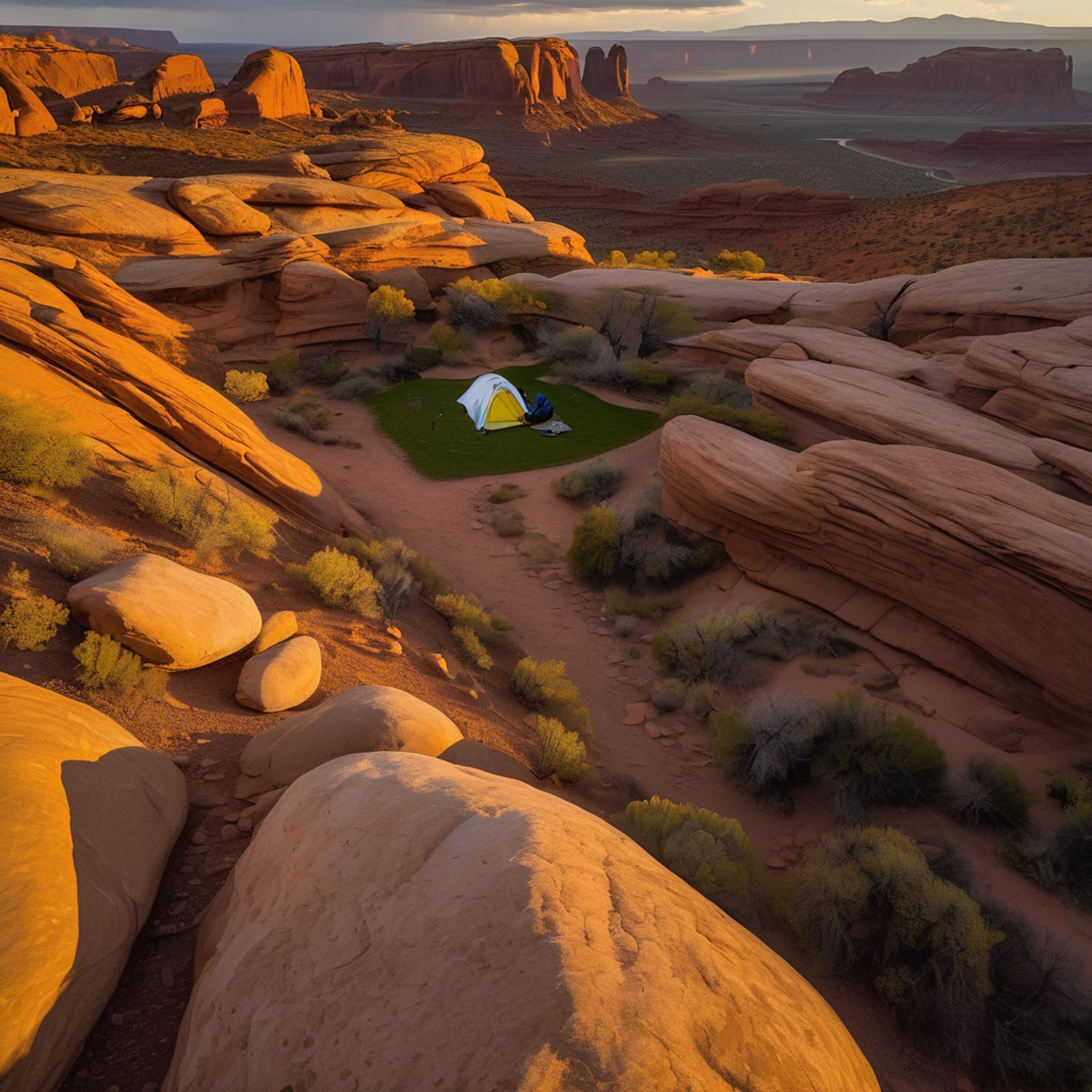 A bright yellow bivy sack rests among large stone slabs at Arches National Park. A camping chair sits on the dusty ground as sunset light glows through the foggy valley. Far away, a tiny flashlight shines in the calm evening air.