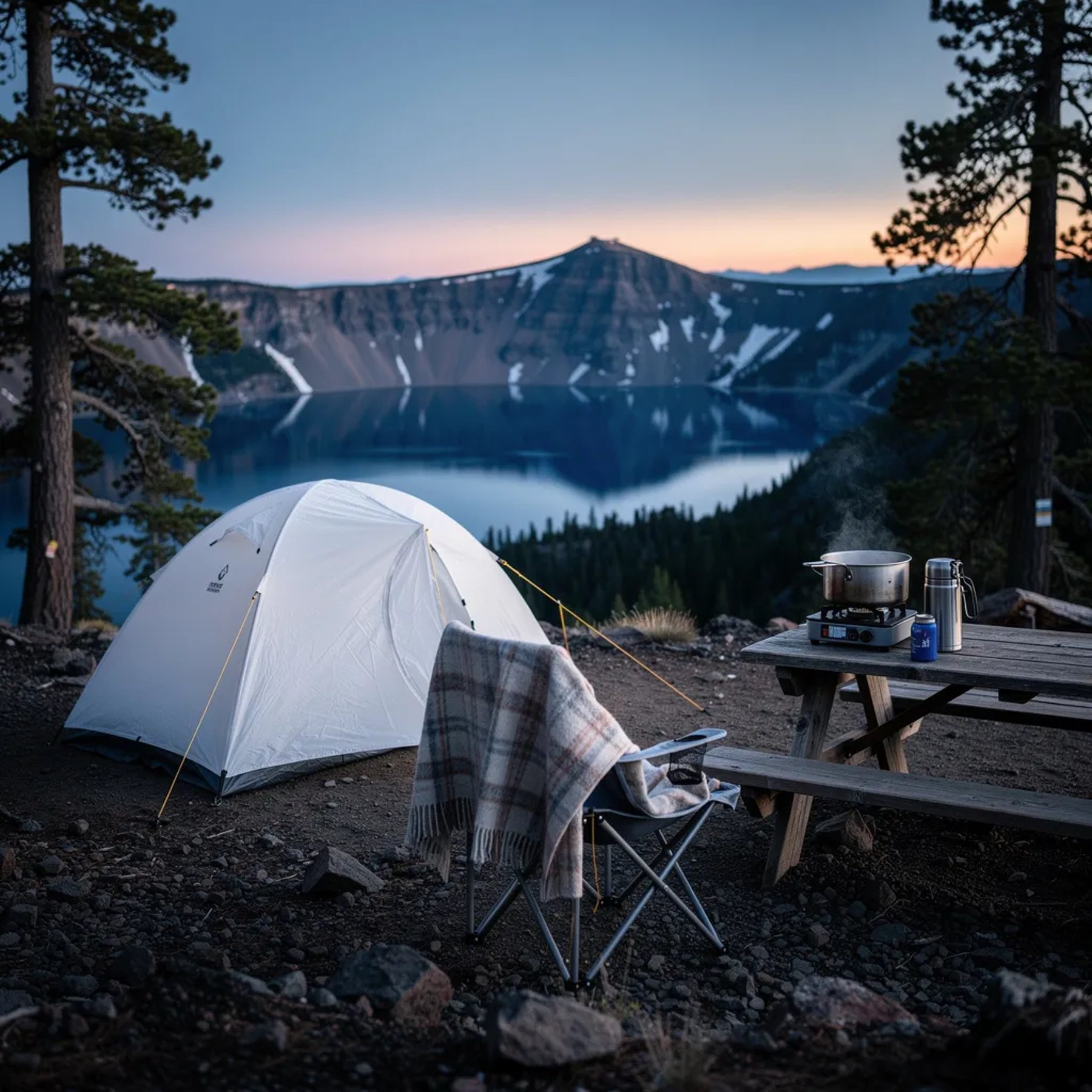 A white tent sits on rocky ground near the rim, with the calm blue lake shining far below. Pine trees stand nearby, and the air feels cold and quiet at dusk. A small table holds a pot and a steaming thermos, while a wool blanket rests on a camp chair.