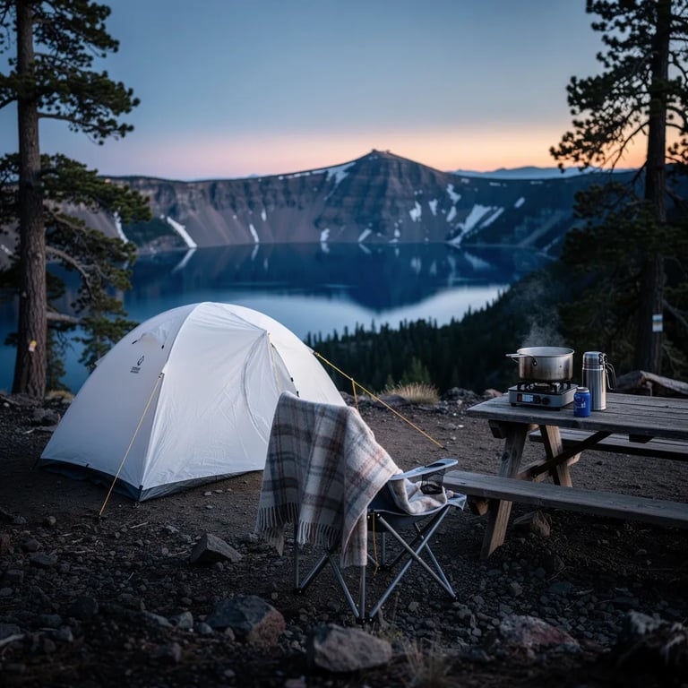 A white tent sits on rocky ground near the rim, with the calm blue lake shining far below. Pine trees stand nearby, and the air feels cold and quiet at dusk. A small table holds a pot and a steaming thermos, while a wool blanket rests on a camp chair.
