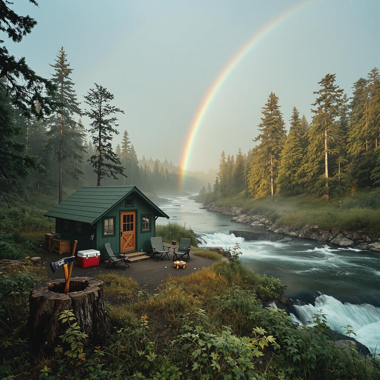 A green cabin rests beside a rushing river in a misty forest. A tent, camp chairs, cooler, and an axe stuck in a stump fill the grassy campsite. Above it all, a bright double rainbow shines through the hazy morning sky.