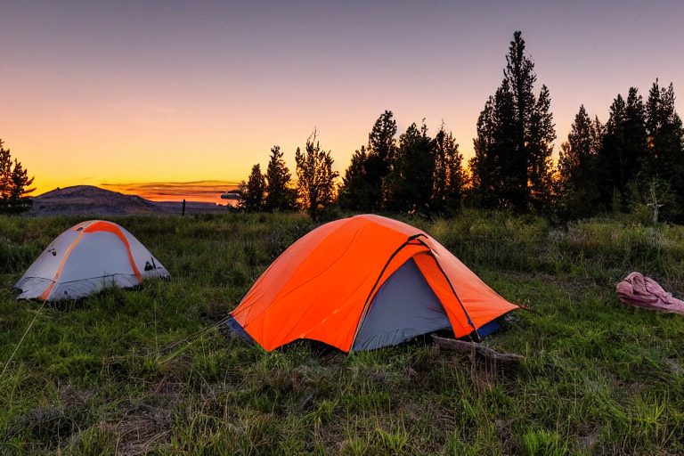 A gray and orange tent rests in a grassy Idaho plain beside a warm campfire. Ferns, a clothesline with drying clothes, and a dirt clearing bring the campsite to life. The moon shines in the clear dusk sky.
