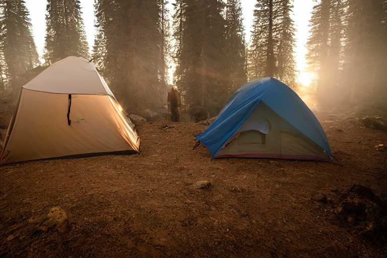 A blue two-person tent rests among coastal boulders as dusk settles over California’s foggy shore. Waves roll nearby while hikers gather around a small camping stove, and a distant flashlight glows through the mist.
