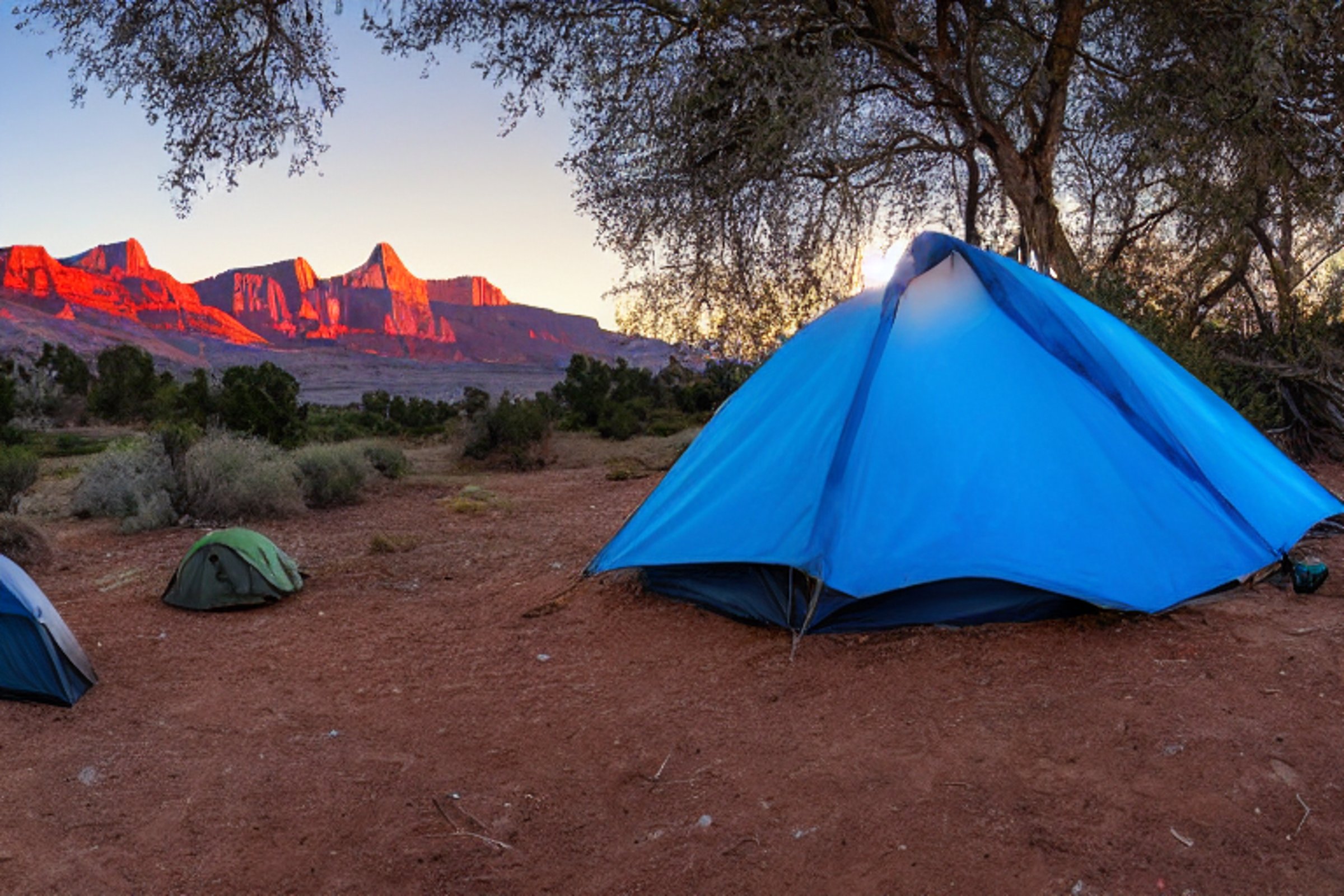 A blue and gray tent rests on a quiet dirt campsite in Capitol Reef National Park. Golden sunlight warms the rocky mountains, while birds fly across the clear sky. A lantern glows beside the tent, making the campsite feel cozy.