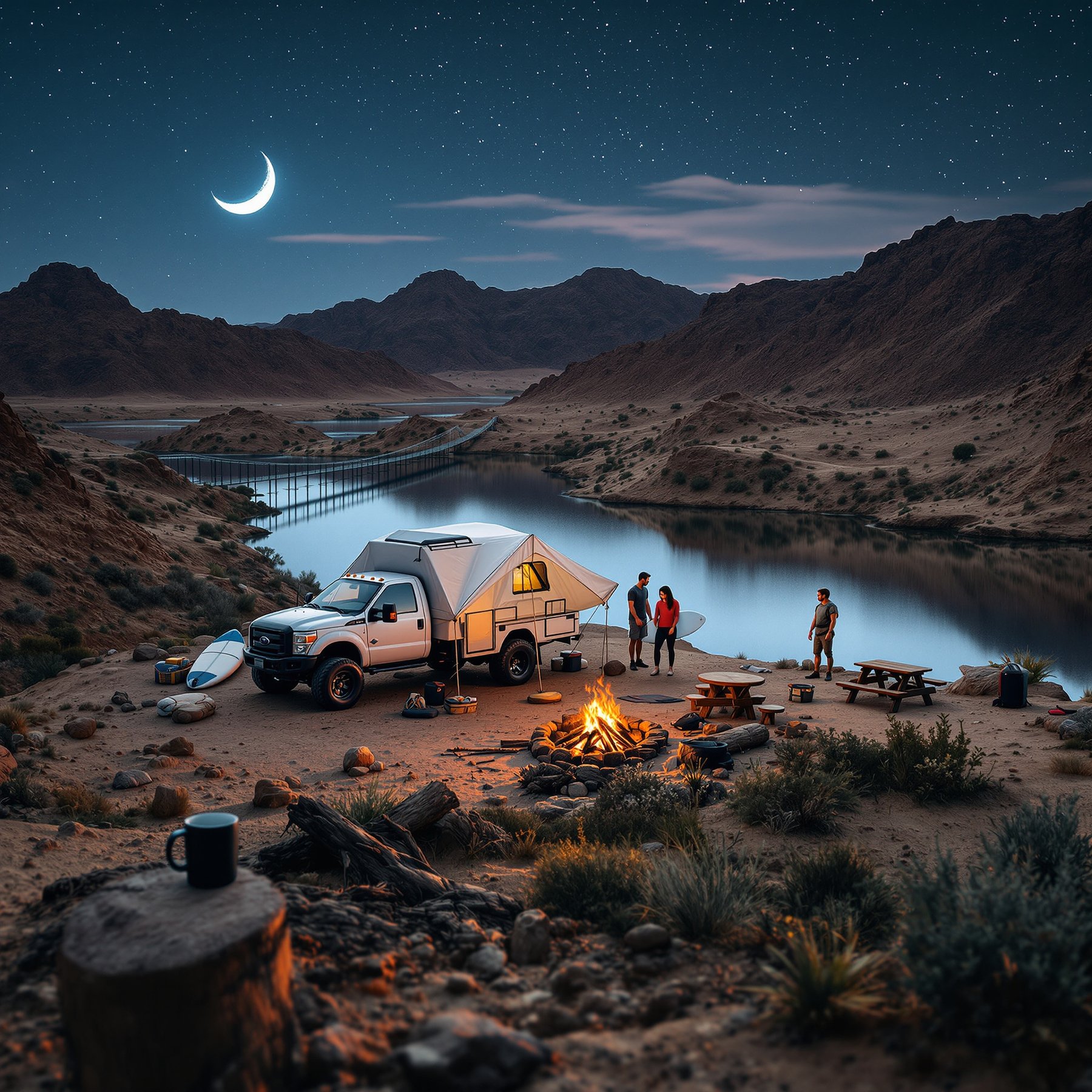 Camp by a peaceful river under a sky full of stars and a bright crescent moon. Cozy up by the campfire surrounded by tall mountains and sandy hills. Enjoy the calm night with friends and nature all around.