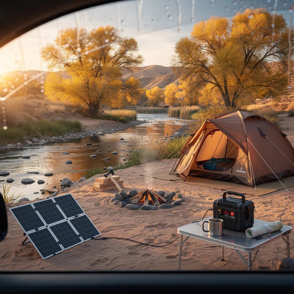 A warm desert sunset lights up a tiny oasis, where a clear stream winds through sand and tall reeds. A brown dome tent sits near the water under cottonwood trees with golden fall leaves. Nearby, a small fire ring glows as a solar panel charges a battery on a camp table. Raindrops on the window make the scene feel cozy and calm.