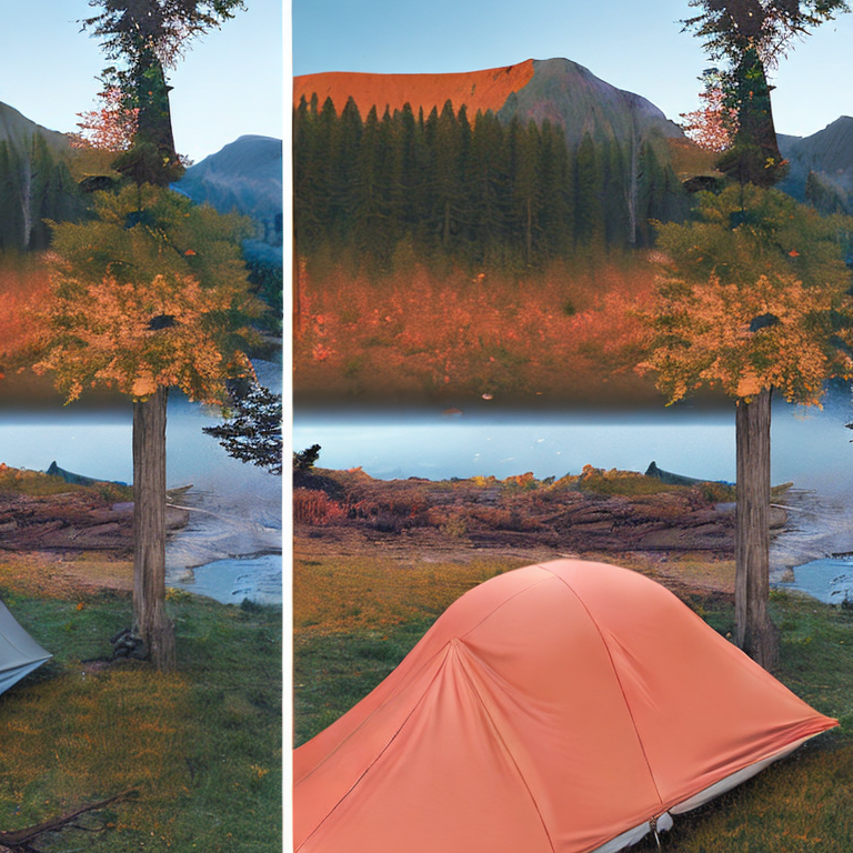A cozy tent rests on a paved campsite beside a quiet river. Fall-colored trees and mossy branches surround the dirt clearing, while misty mountains rise in the distance. Above, a sky full of stars adds a peaceful nighttime glow.