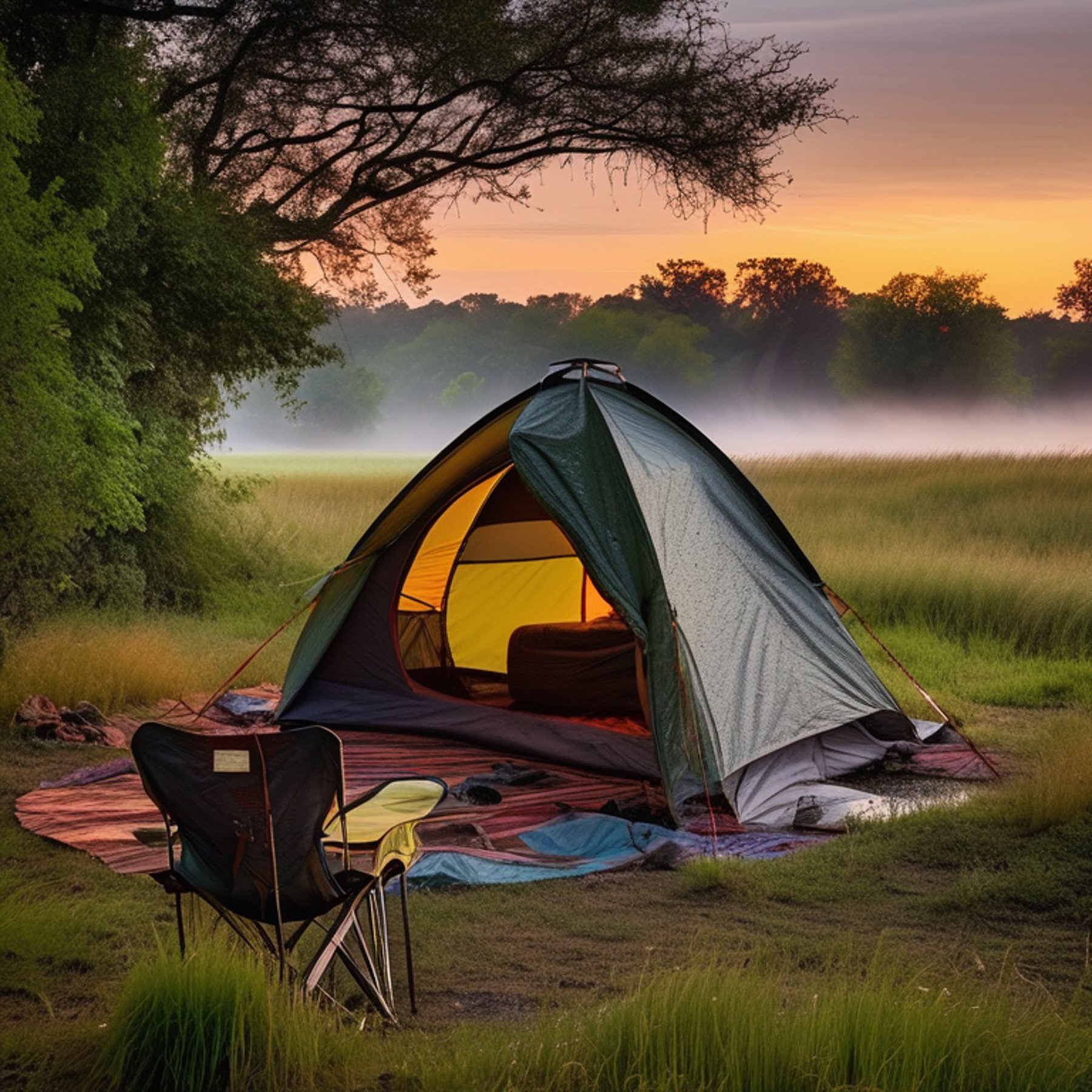 A colorful tent rests beside a quiet creek, surrounded by tall grass and fallen leaves. Camping chairs sit near a warm campfire on a small dirt clearing. Soft sunrise light shines through the rainy air, creating a peaceful woodland mood.