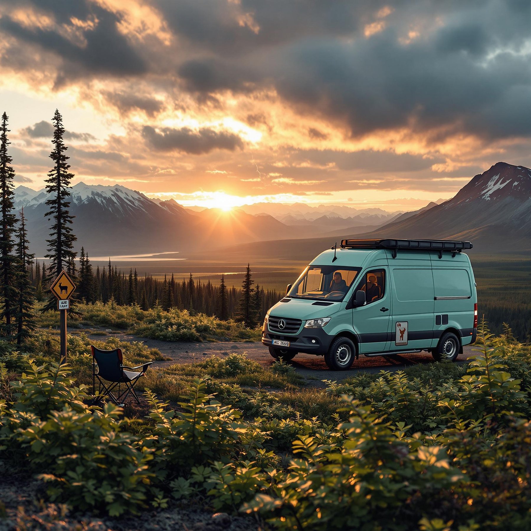 A cozy campsite sits by a calm forest, where a van rests under the golden glow of a sunset. Tall pine trees frame the view, and there's a sign for wildlife nearby. Nature's beauty and adventure await in this peaceful place.