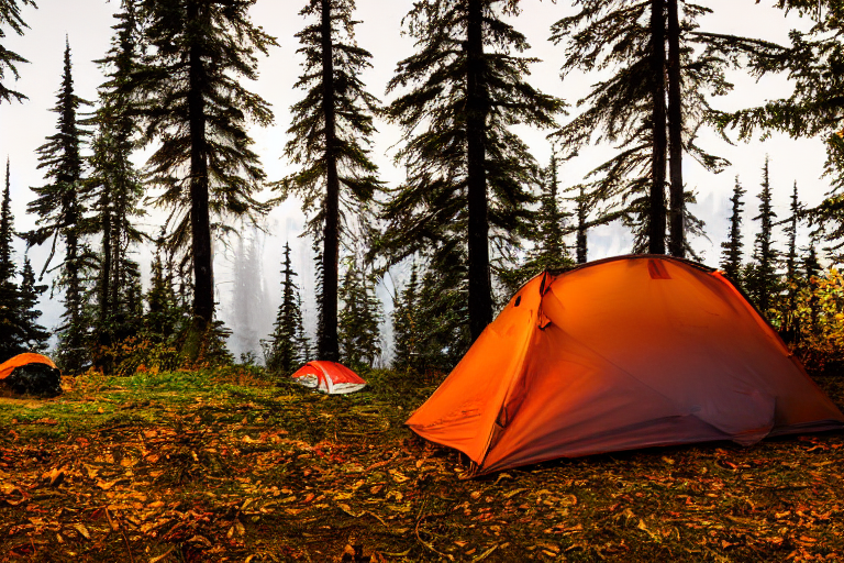 A cozy two-person tent rests on a rough dirt clearing in the Alaskan wilderness. Tall trees glow with fall colors as soft fog drifts through the forest. A campfire and a large rock add warmth and character beneath the open sky.