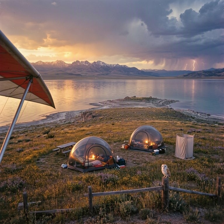 Two glowing bubble tents rest in a flower-filled meadow beside the Great Salt Lake. Warm sunset light touches the rugged mountains, while dark storm clouds and distant lightning fill the sky. A picnic table, outdoor shower, and quiet barn owl add charm to this peaceful campsite.