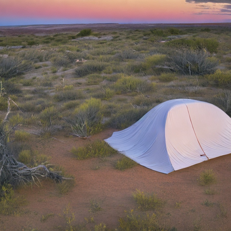A cozy tent rests on a paved campsite in a quiet petrified forest at dusk. Overgrown grass, large bushes, and a dirt path surround the clearing, while a bright moon hangs in the clear sky.
