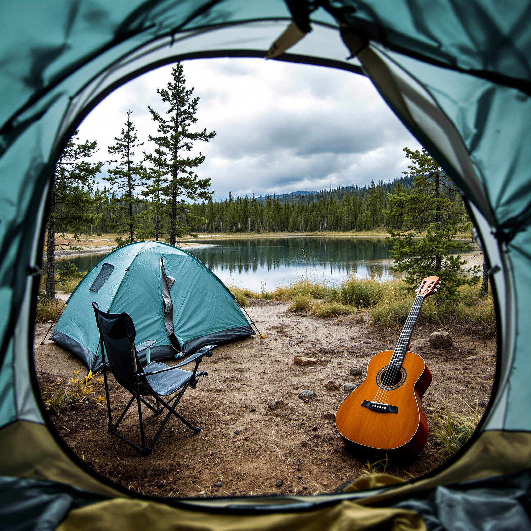 Wake up next to a calm lake surrounded by tall pine trees. Sit by your tent, relax in a chair, and play guitar in the fresh mountain air. This campsite is peaceful and perfect for fun by the water.