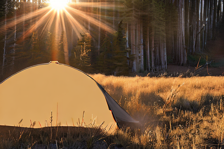 A cozy brown tent rests on a dirt campsite in Yellowstone as the sun sets. Tall grass, a winding hiking path, and warm light glowing inside the tent create a peaceful outdoor scene. A camper with a flashlight stands in the distance.