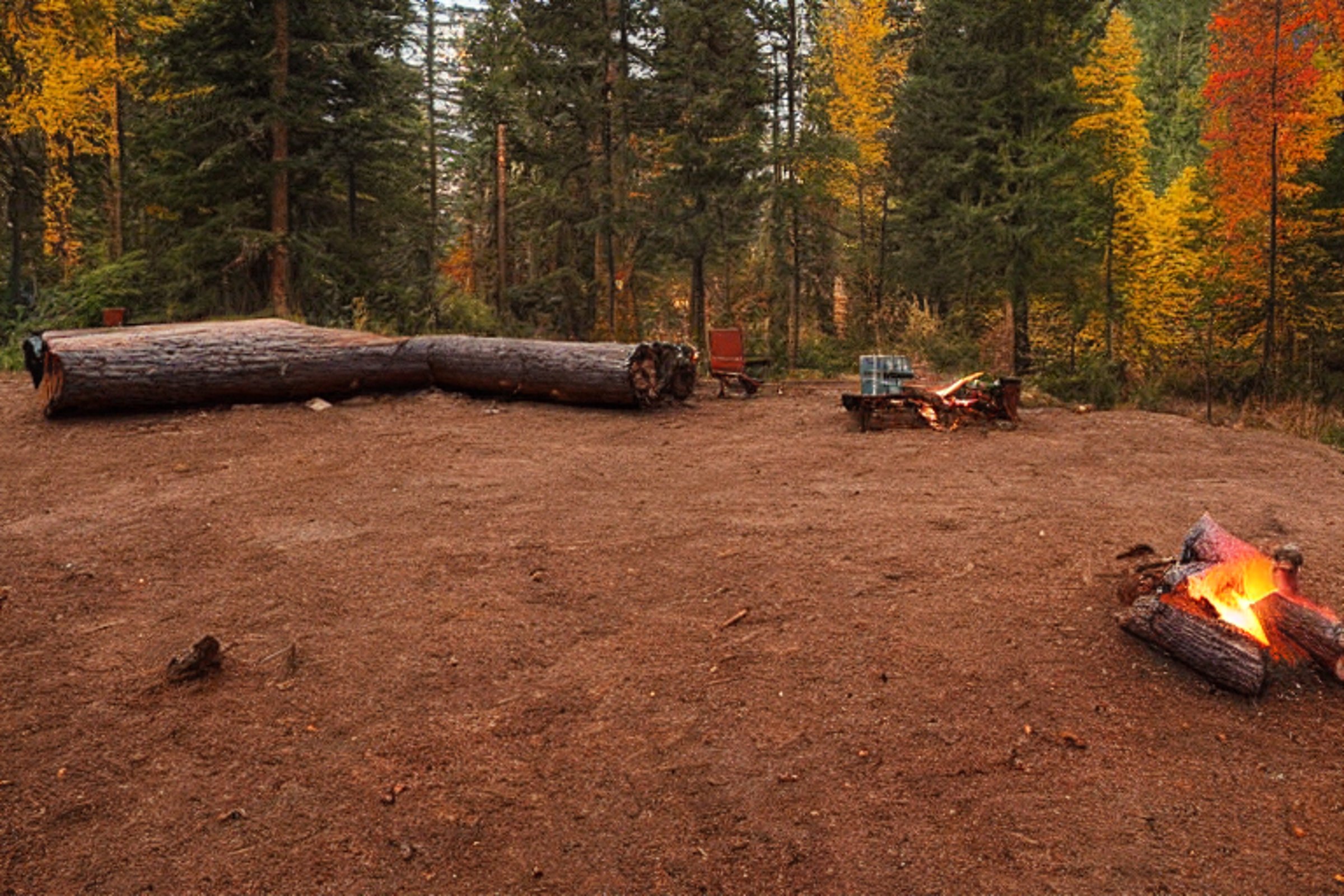 A cozy brown tent rests among rocky ground and colorful fall trees in Washington State. A warm campfire glows at the center, surrounded by logs and patches of stone gravel. Rainy skies give the campsite a calm, peaceful feeling.