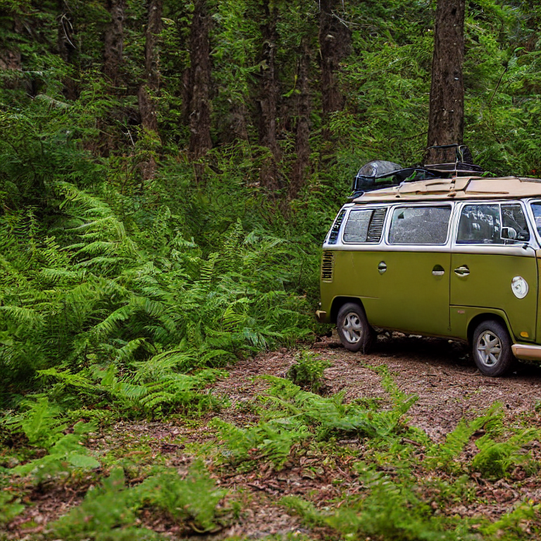 A green and tan camper van rests on a quiet dirt campsite in Acadia National Park. Ferns, fallen leaves, camping gear, and a large rock surround the van as soft fog drifts through the trees. Above, a sky full of stars adds a peaceful nighttime glow.