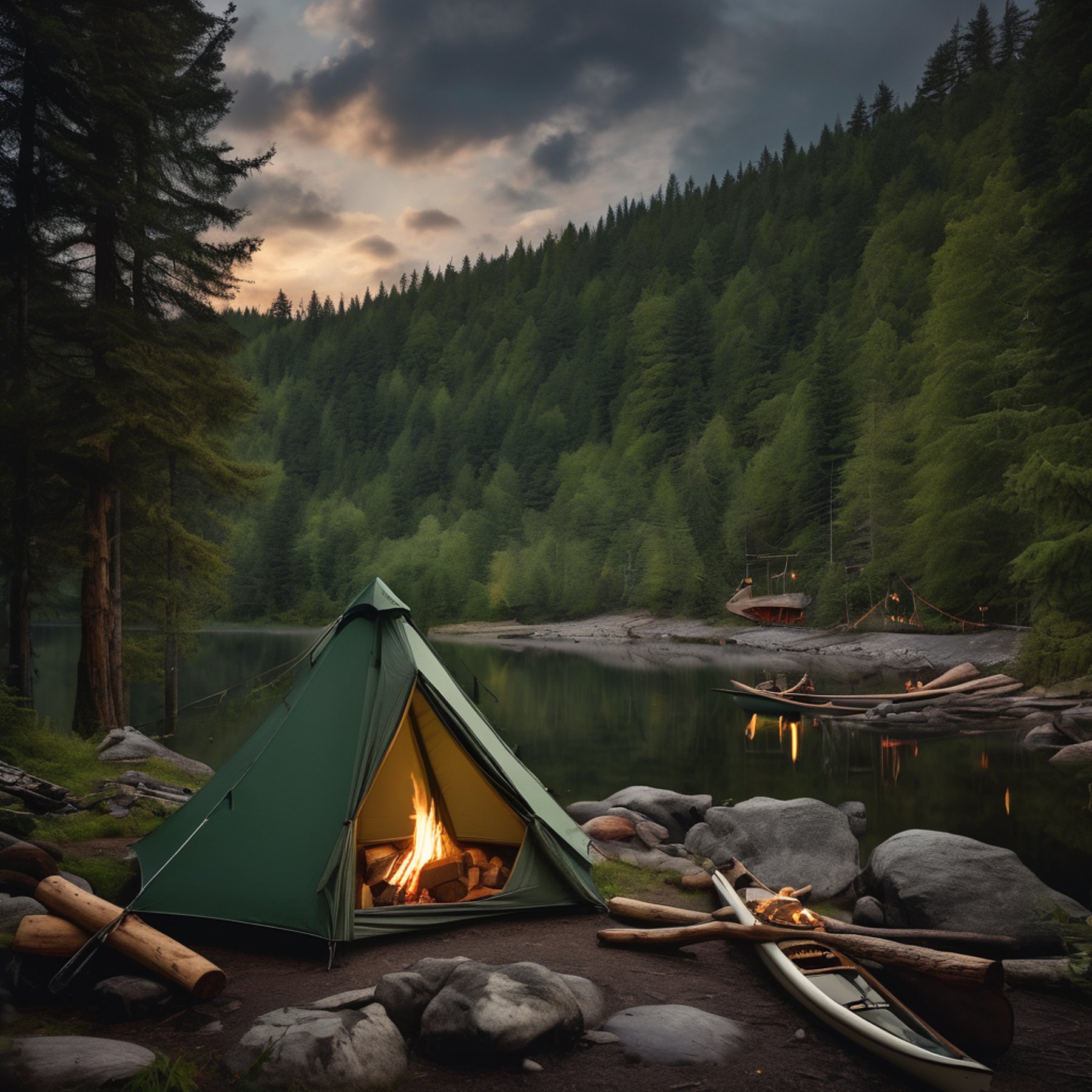 A green tent rests in a quiet forest beneath a cloudy full moon. Hikers gather by a warm campfire, with a canoe waiting nearby. Seen from a wooden bridge above, the campsite feels peaceful and wild.